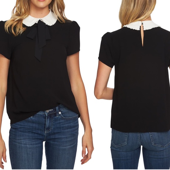 CeCe Tops - CeCe, Short Sleeve Ruffle Trimmed Peter Pan Collar Tie Neck Blouse Size XL